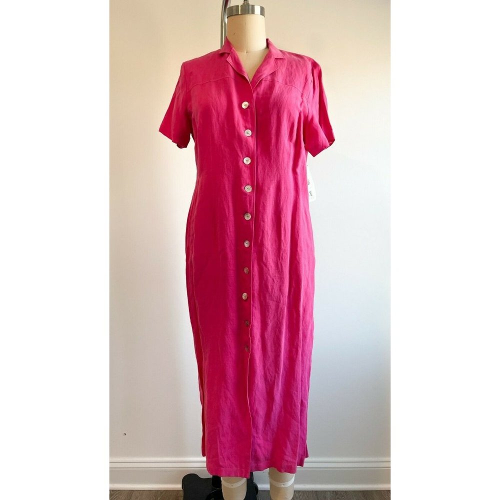 Linen Blend Dress 14 Pink Shell Buttons Front